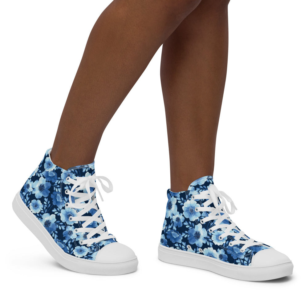 True Blue Floral Women’s High Top Sneakers - White Color - https://ascensionemporium.net